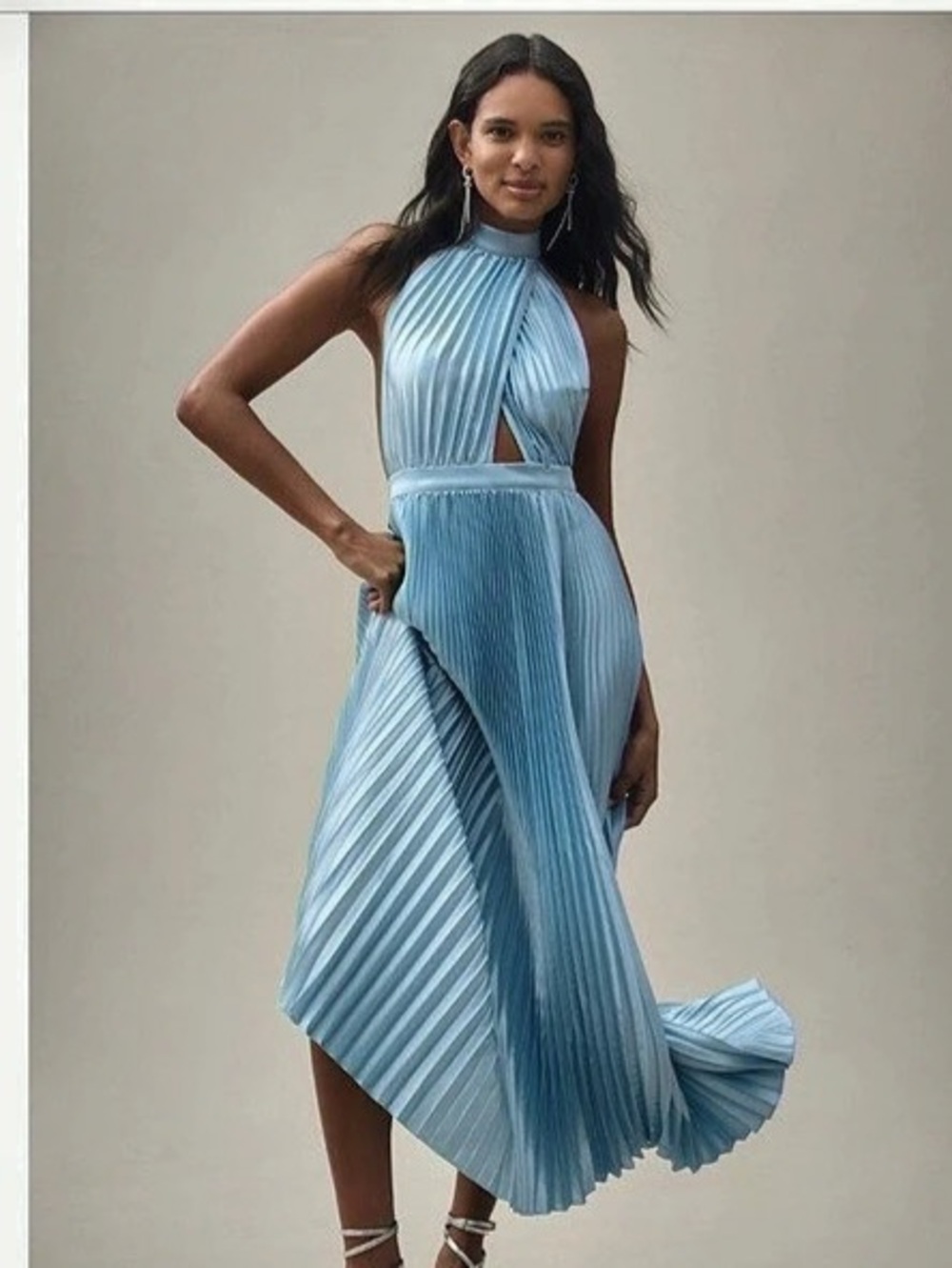 L'IDÉE Renaissance Halter Side-Slit Pleated Maxi Dress in Blue size US LG/ AUS 1